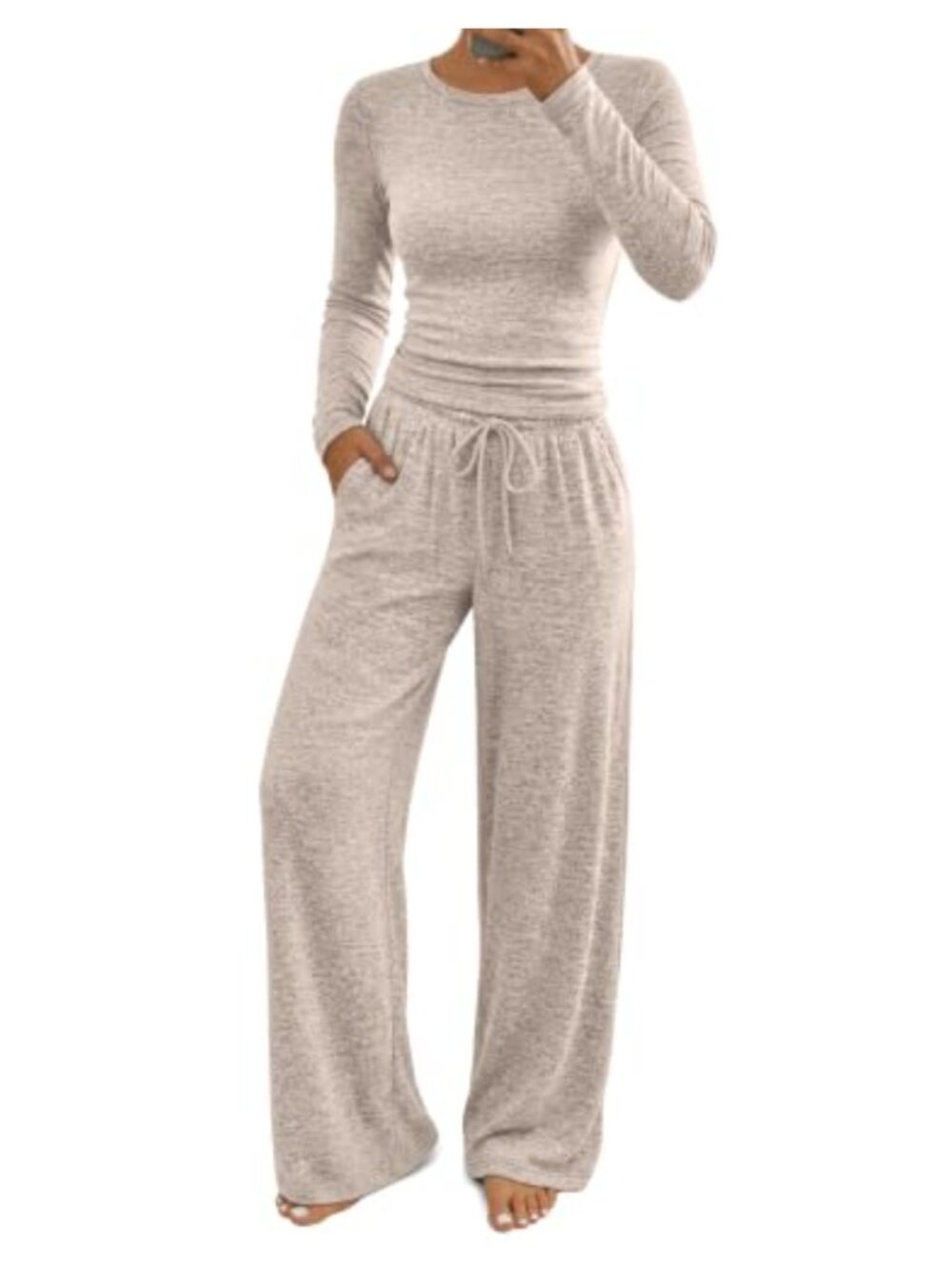 2 Piece Lounge Set Long Sleeve Crewneck Wide Leg Drawstring Pants
